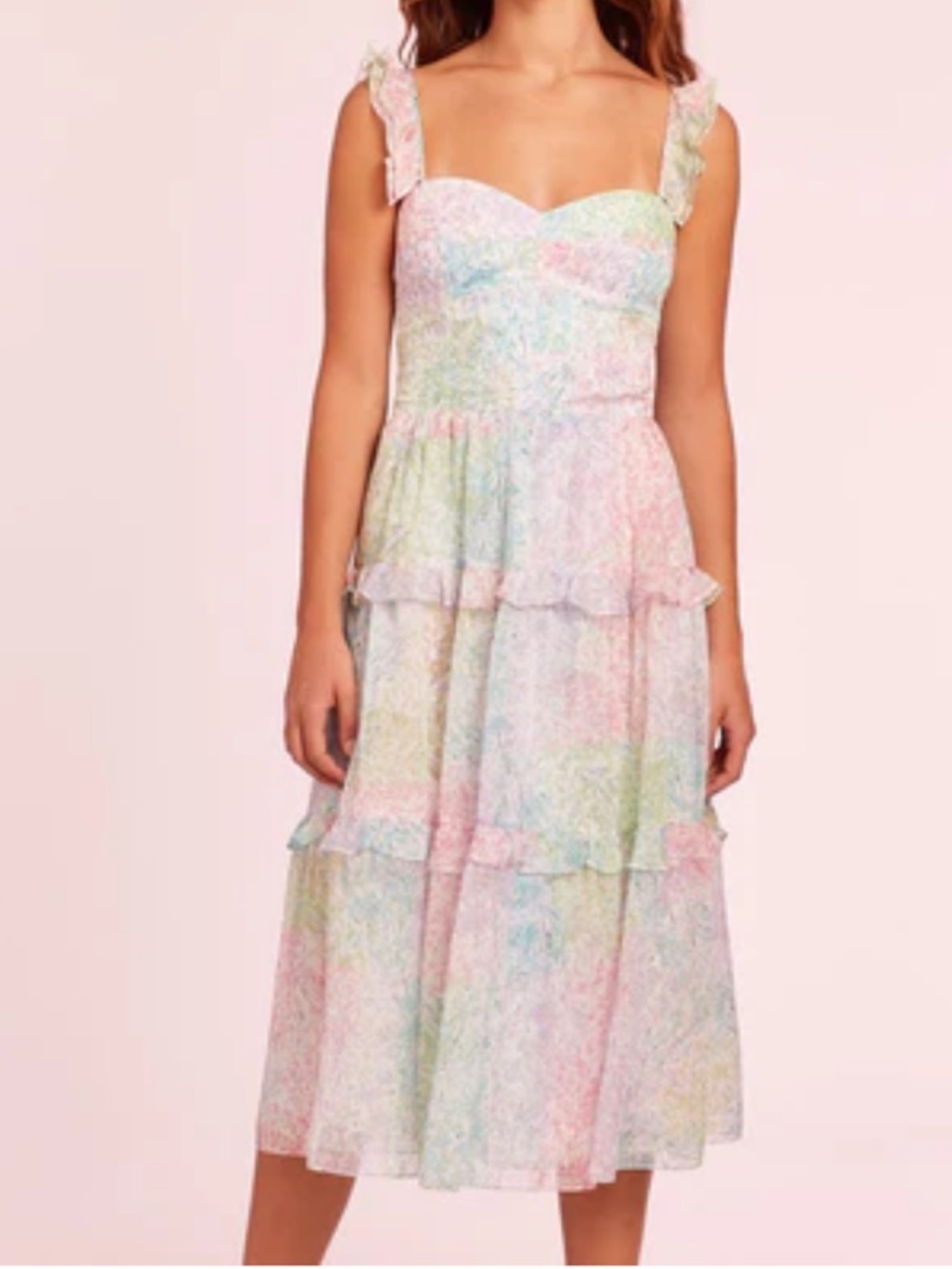 Amanda Urichard Pastel Floral Tiered Midi Dress - Size M